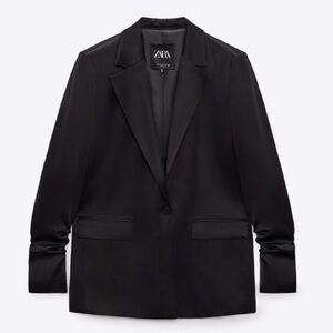 NWT Zara Satin Blazer Jacket, Ruched Slv Black SM
